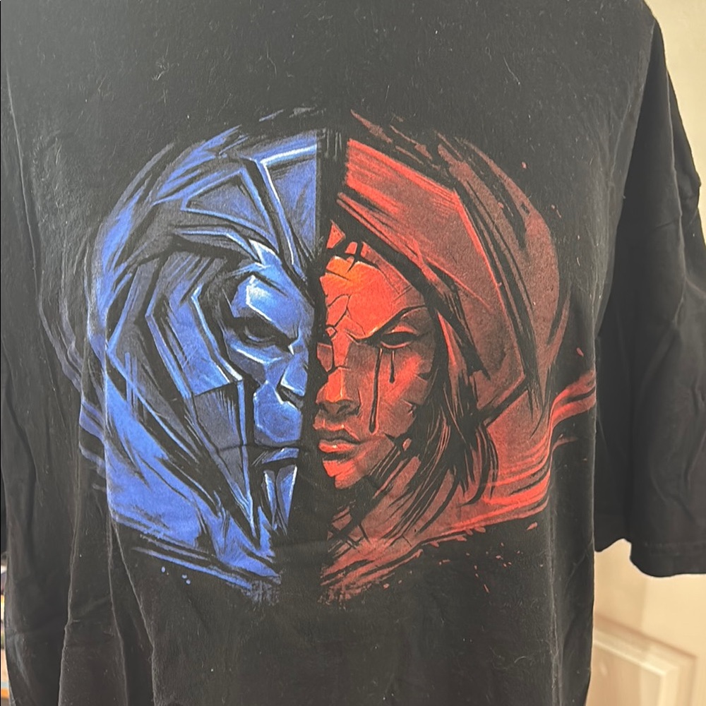 Black Graphic T-Shirt with Blue and Red Design - Picture 1 of 3